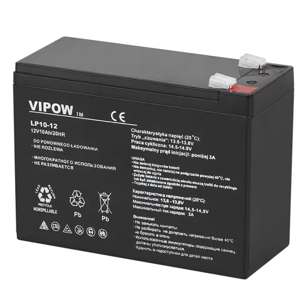 Acumulator staționar AGM VRLA 12V 10Ah, etanș fără întreținere, borne F2, VIPOW BAT0215