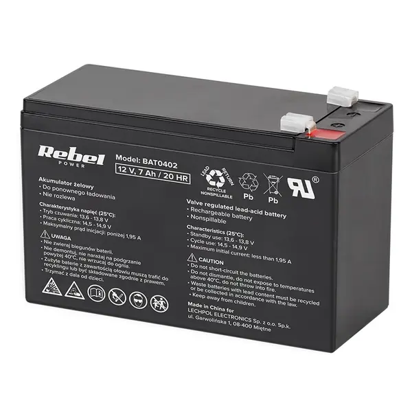 Acumulator staționar AGM VRLA 12V 7Ah pentru UPS, alarme și CCTV, REBEL BAT0402