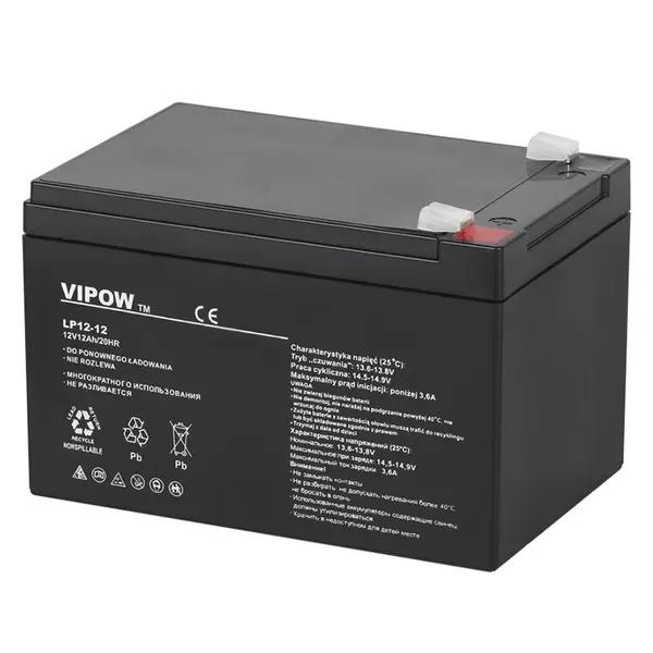 Acumulator stationar AGM VRLA VIPOW 12V 12Ah, baterie plumb acid etansa pentru UPS, CCTV, alarma, control acces, borne F2