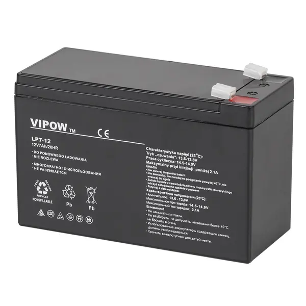 Acumulator stationar AGM VRLA VIPOW 12V 7Ah, baterie plumb acid etansa pentru UPS, alarma, CCTV, interfon, borne F1