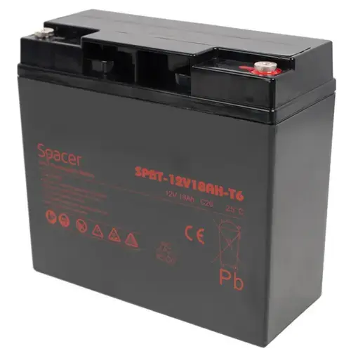 Acumulator UPS SPACER 12V / 18Ah, inaltime+terminal: 167mm, terminal F6(T6) (Negru)