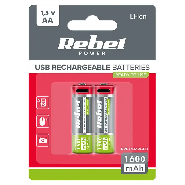 Acumulatori Li-ion AA R6 1600mAh cu incarcare USB-C, set 2 bucati, REBEL BAT2014