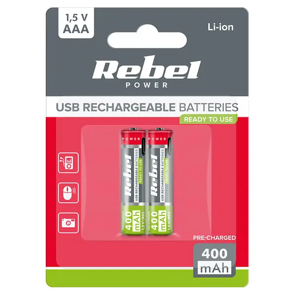 Acumulatori Li-Ion AAA (R3) 400mAh cu încărcare USB-C, blister 2 buc., Rebel Power BAT2015