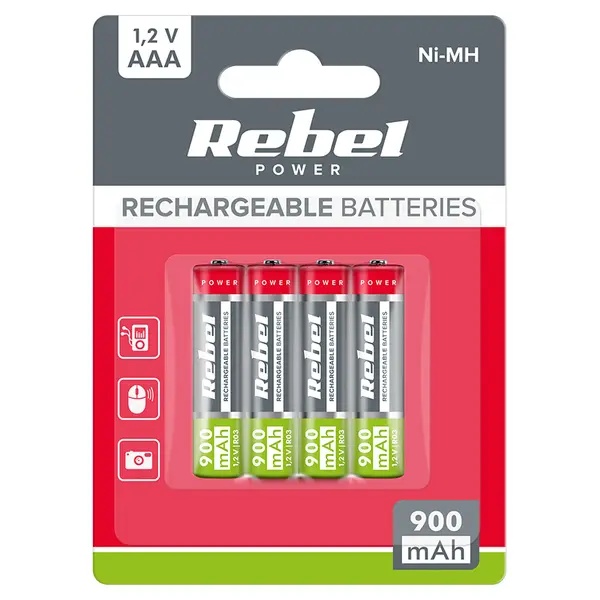Acumulatori Ni-MH AAA R3 REBEL 900mAh, set 4 bucati, baterii reincarcabile pentru dispozitive electronice