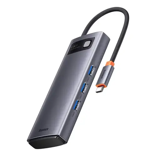 Adaptor Baseus Gleam 6in1, HUB USB-C - HDMI, 3x USB3.0, SD, TF PD 100W, Negru