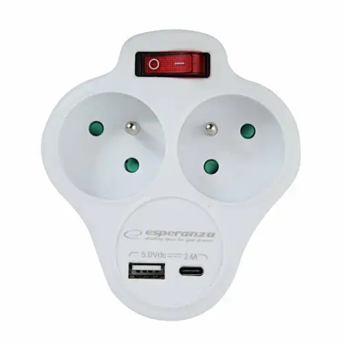 Adaptor dublu stecher Esperanza ELK311W, switch ON/OFF cu incarcator, USB-C/USB-A (Alb)