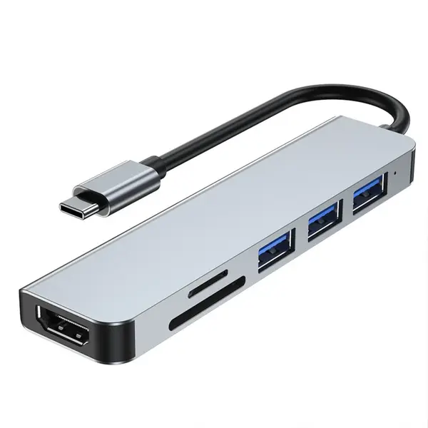 Adaptor Hub USB Type-C 3.1 Multiport 6 in 1 la HDMI 4K 30HZ, 2 x USB 3.0, PD 60W Charging Port, SD TF Card Reader, Docking Station pentru Laptop