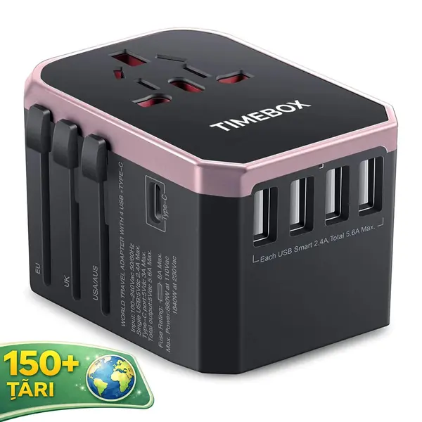 Adaptor incarcator universal priza de calatorie, 4 x USB, 1 x Type-C, Rose Gold - Default Title