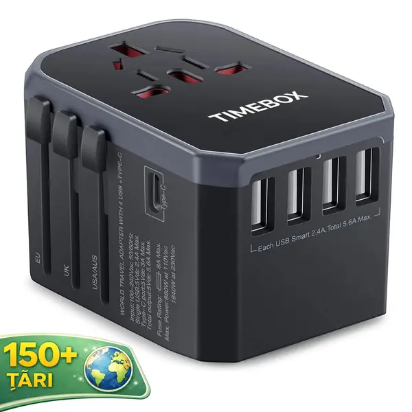 Adaptor incarcator universal priza de calatorie, 4 x USB, 1 x Type-C, Silver Grey - Default Title