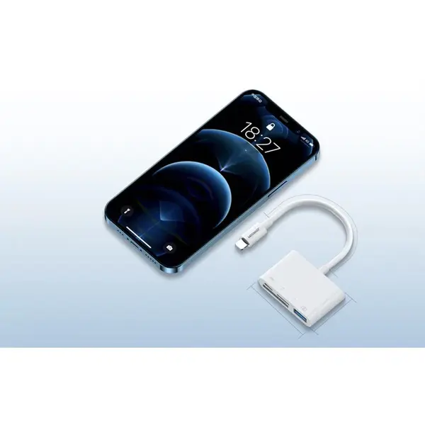 Adaptor Joyroom cu cititor de carduri SD/TF, USB OTG/USB type C - Lightning, 120x51x11 cm, Alb