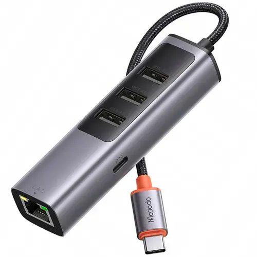 Adaptor Mcdodo, 1 x USB-C + 3x USB 3.0 5Gbps + 1 x Ethernet Gigabit LAN RJ45, HUB 100W, Gri