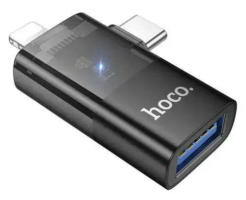 Adaptor OTG USB-A - Lightning / USB-C HOCO UA36E, Negru