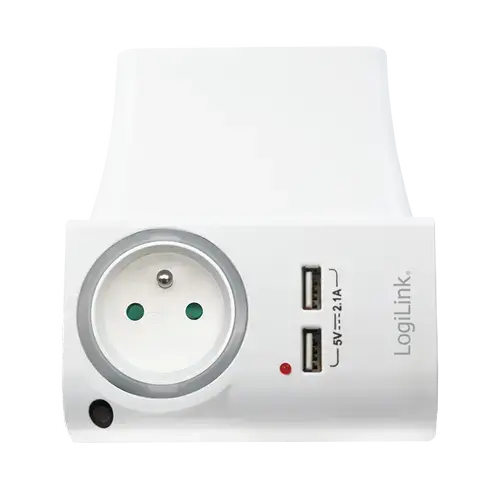 Adaptor priza LogiLink PA0166, cu suport telefon/tableta, 1 Priza, 2x USB-A 5V/2.1A, iluminare LED, IP20 (Alb)
