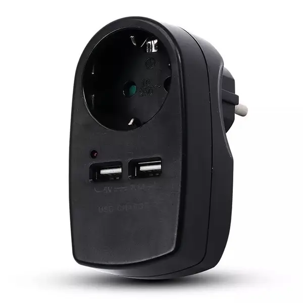 Adaptor priză V-TAC cu protecție la supratensiune, 1 priză Schuko și 2 porturi USB 2.1A, 16A/3680W, negru, SKU-8796