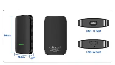Adaptor Wireless iSEN CP2A PRO CarPlay si Android Auto, WiFi Dual Band 2.4G 5G, USB-A si USB-C, Compatibil Masini cu CarPlay pe Fir