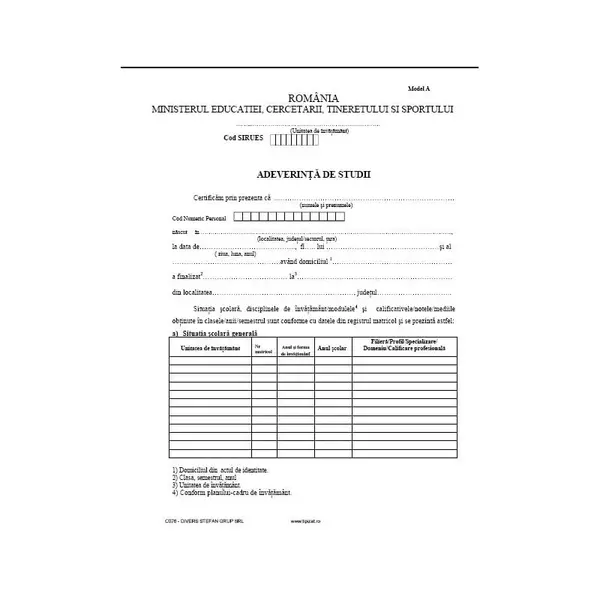 Adeverință de studii tip A învățământ de stat A4 10 bucăți/set Adeverință de studii tip A învățământ de stat A4 10 bucăți/set