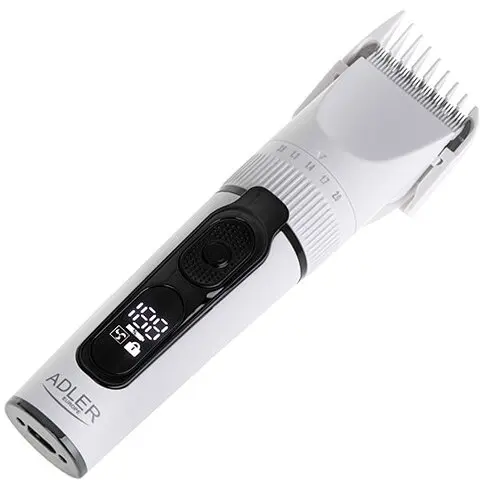 ADLER Aparat de tuns ADLER, ecran LCD, rezistent la apa IPX6, titan cu ceramica, 6 piepteni, multicolor, 2000mAh, Alb