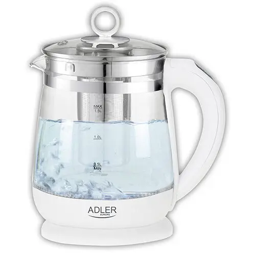 ADLER Fierbator Electric Adler AD 1299, cu Infuzor pentru Ceai, 1.5L, 2200W, Alb-Transparent