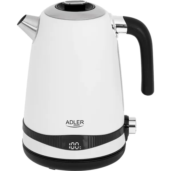 ADLER Fierbator electric, Capacitate 1,7 L, Fara BPA, Control al temperaturii, Otel inoxidabil, Fara fir, Alb/Negru