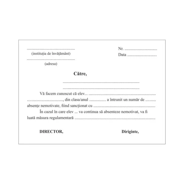 Adresă înștiințare părinți privind absențele nemotivate ale elevilor A6 50 bucăți Adresă înștiințare părinți privind absențele nemotivate ale elevilor A6 50 bucăți
