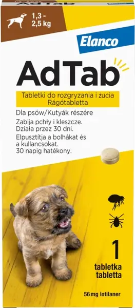 AdTab 56 mg comprimate masticabile pentru caini impotriva purecilor si a capuselor (1,3, 2,5 kg) - 1 tableta