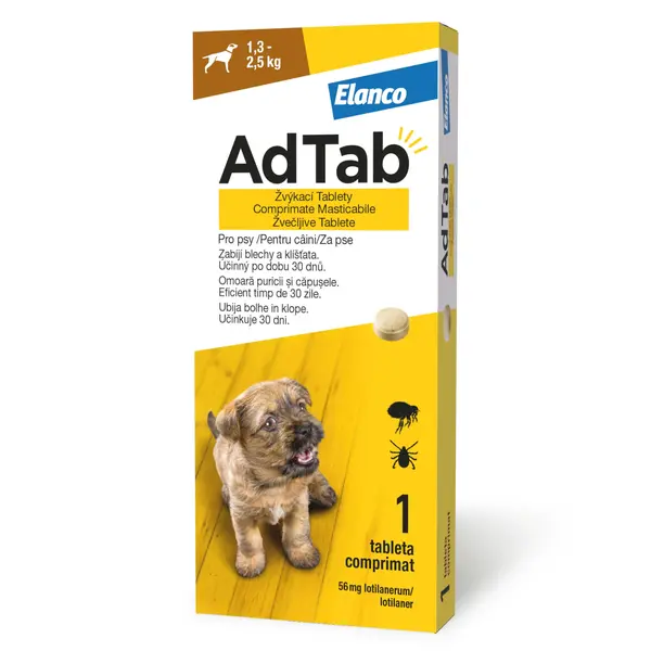 ADTAB, deparazitare externă câini, comprimate masticabile ADTAB, deparazitare externă câini, XS(1.2 - 2.5kg), comprimate masticabile, 56.25mg x 1buc