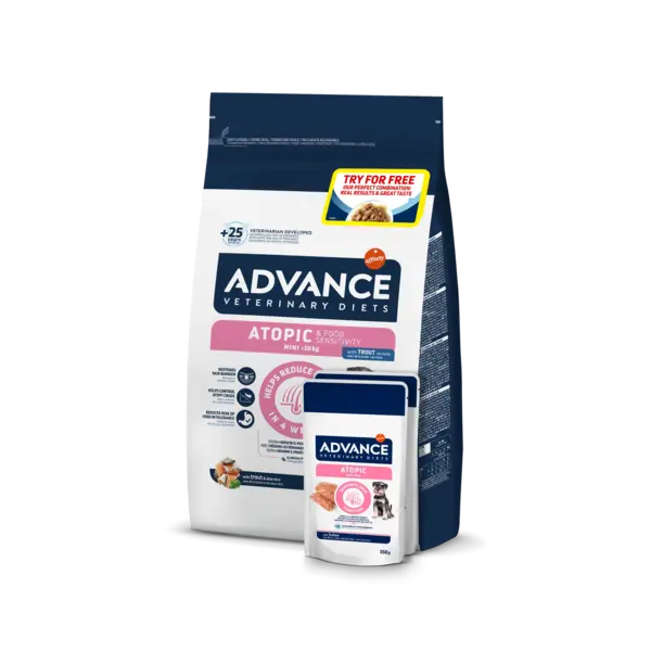 Advance Veterinary Diets Dog Atopic & Food Sensitivity Mini, Pastrav, 1.5 kg + 2x Advance Veterinary Diets Dog Atopic Derma Care, 150 g