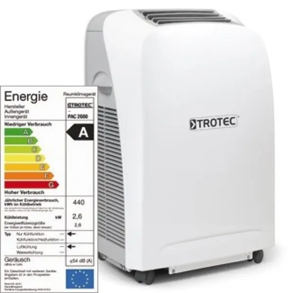 Aer conditionat portabil Trotec PAC 2600 S, Capacitate 9.000 Btu, Debit 340mc/ora, Telecomanda, Display, Pentru 34mp
