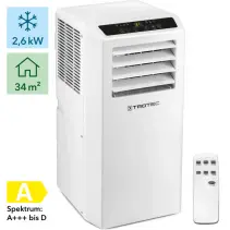 Aer conditionat portabil Trotec PAC 2610 S, Capacitate 9000 Btu, Debit 320mc/ora, Telecomanda, Display, Timer, Auto