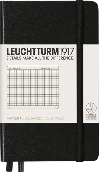 Agendă de buzunar Leuchtturm1917 - A6, pagini pătrate, neagră