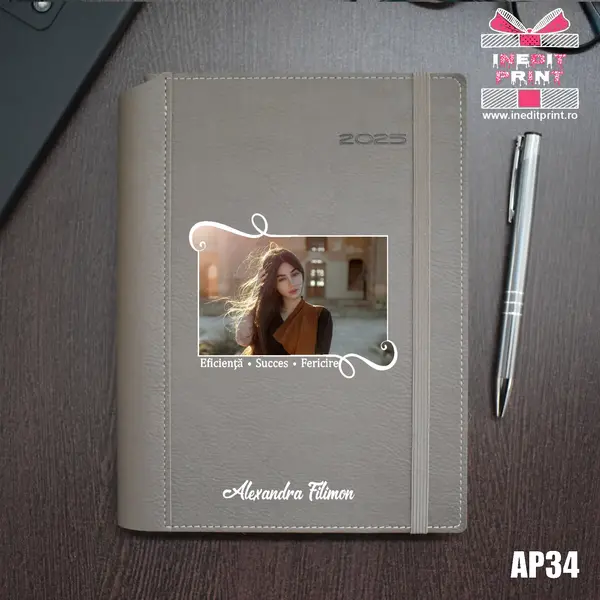 Agenda personalizata 2025 Poza + Text + Motto AP34 DELUXE PREMIUM, BEJ BORNEO