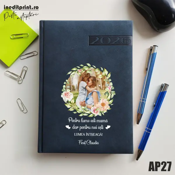 Agenda personalizata 2026 - 8 Martie AP27 DELUXE PREMIUM, Teano Albastru Inchis