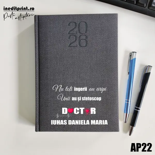 Agenda personalizata 2026 Ingeri cu stetoscop AP22 DELUXE PREMIUM, Bard Gri