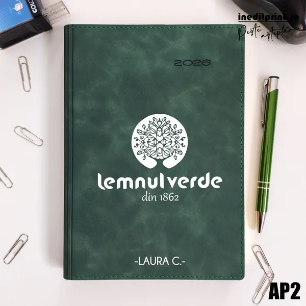 Agenda personalizata 2026 Logo + Nume AP2 DELUXE PREMIUM, Chia Suple Verde