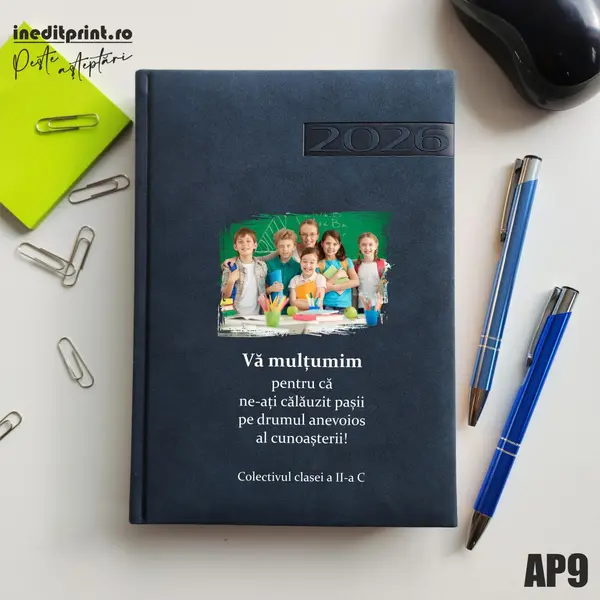 Agenda personalizata 2026 Multumiri AP9 DELUXE PREMIUM, Teano Albastru Inchis