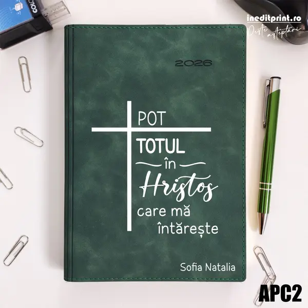 Agenda personalizata 2026 Pot totul in Hristos APC2 DELUXE PREMIUM, Chia Suple Verde