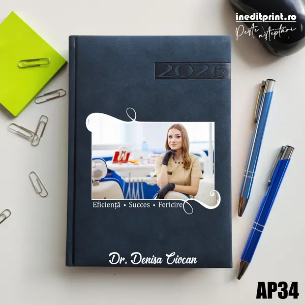 Agenda personalizata 2026 Poza + Text + Motto AP34 DELUXE PREMIUM, Teano Albastru Inchis