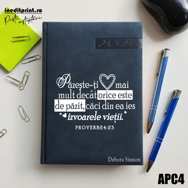 Agenda personalizata 2026 Proverbe 4:23 APC4 DELUXE PREMIUM, Teano Albastru Inchis