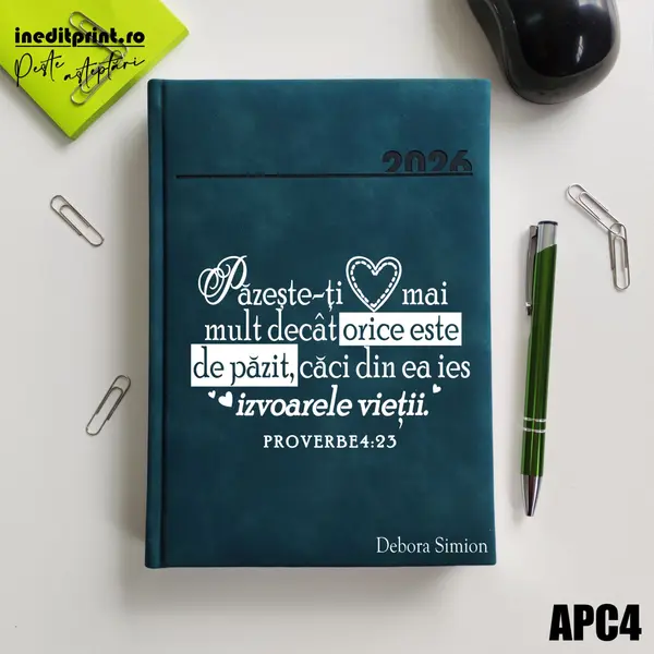 Agenda personalizata 2026 Proverbe 4:23 APC4 DELUXE PREMIUM, Chia Verde Petrol