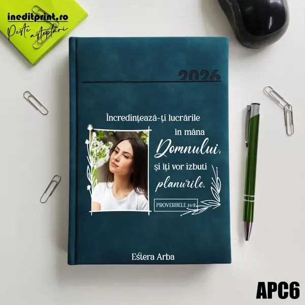 Agenda personalizata 2026 Proverbele 16:3 APC6 DELUXE PREMIUM, Chia Verde Petrol