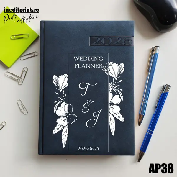 Agenda personalizata 2026 Wedding Planner AP38 DELUXE PREMIUM, Teano Albastru Inchis