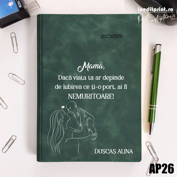 Agenda personalizata 2026 Ziua mamei AP26 DELUXE PREMIUM, Chia Suple Verde