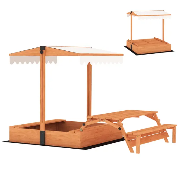 AIYAPLAY Areneră din lemn pentru copii cu copertină reglabilă Masă de picnic cu bănci 6 copii 3-8 ani 184x110x120 cm Maro | Aosom Romania