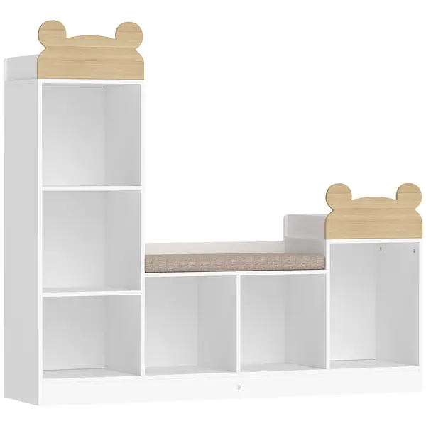 AIYAPLAY Bibliotecă pentru copii, mobilier depozitare 3 în 1 cu bancă, 6 compartimente, 2 rafturi, pernă de șezut, Alb | Aosom Romania