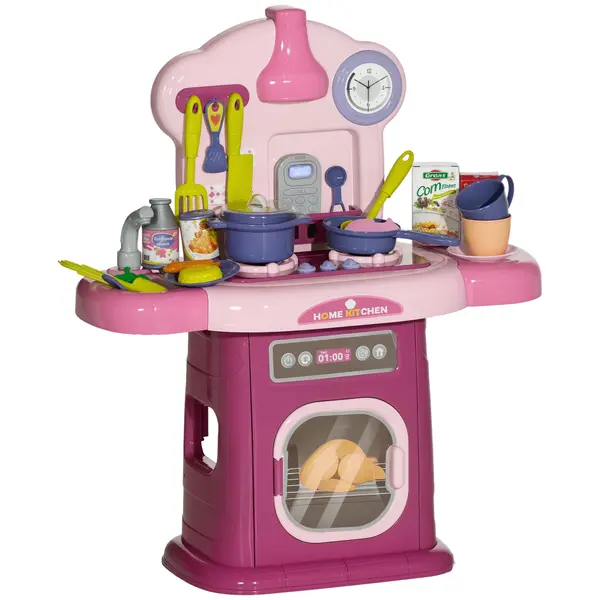 AIYAPLAY Bucătărie Jucărie pentru Copii 3-6 Ani cu 38 Accesorii, Sunete Realiste și Lumină la Cuptor, 51x21x60 cm, Roz | Aosom Romania