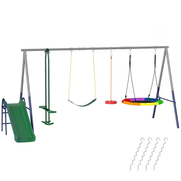 AIYAPLAY Cadru de leagăn 5 in 1 cu tobogan reglabil pe înălțime Cadru cu leagăn tip cuib 382x196 x203 cm Multicolor | Aosom Romania