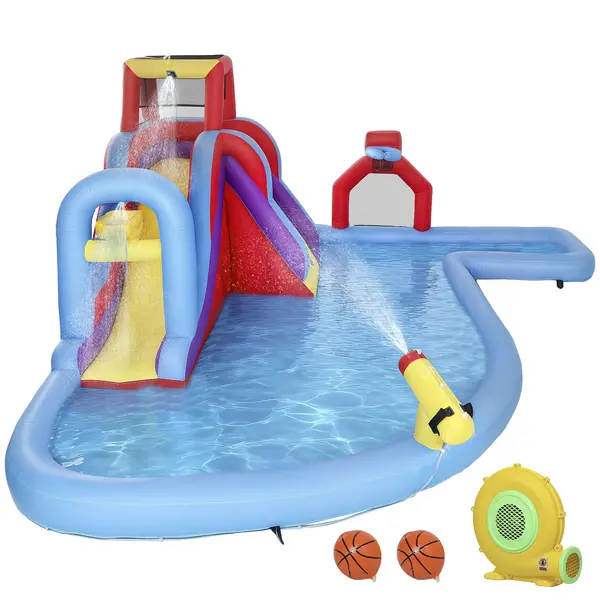 AIYAPLAY Castel Gonflabil Acvatic cu Suflantă 550W Tobogan Perete de Cățărare Piscină Cerc de Baschet Poartă de Fotbal | Aosom Romania
