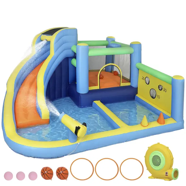 AIYAPLAY Castel gonflabil cu suflător 8 în 1, parc acvatic, tobogan, trambulină, piscină de mingi, Oxford, multicolor | Aosom Romania