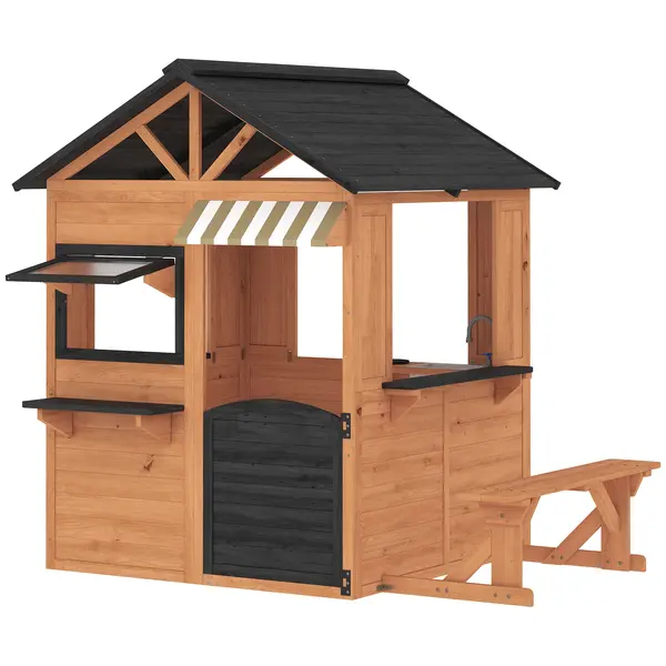 AIYAPLAY Căsuță de joacă din lemn pentru exterior cu bucătărie, bancă, tejghea, ferestre, ușă pentru 3-8 ani 171,5 x 146 x 156 cm Maro | Aosom Romania