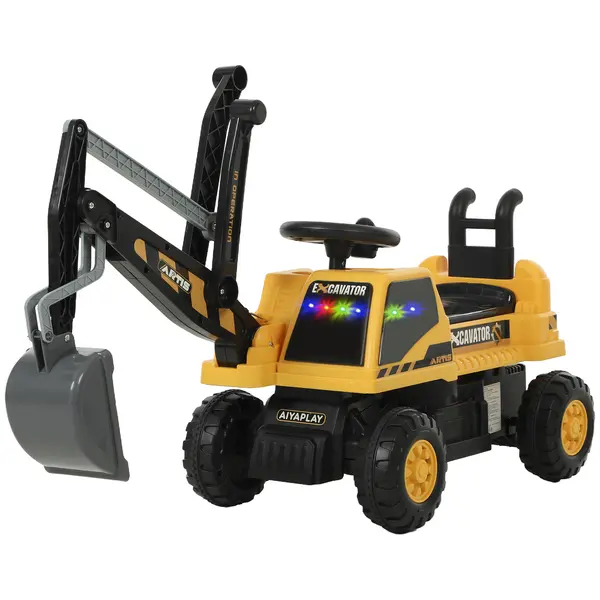 AIYAPLAY Excavator pentru șezut cu lopată și volan, caroserie rotativă, spătar reglabil pentru copii 1,5-3 ani, Galben | Aosom Romania